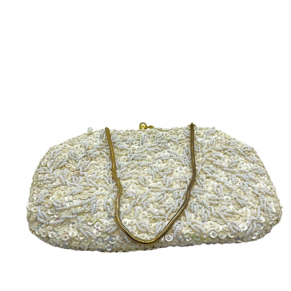 vintage white sequin beaded small purse clutch satin liner handmade hong kong